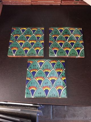 3 Hand Painted Mexican Satillo Tiles 4 X 4 Floor Backsplash Deco Tiles