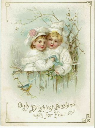 Misch & Stock Pretty Victorian Christmas Card Boy Girl In White Clothes Embossed