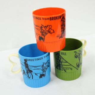 3 Steditemp Broken Hill Plastic Souvenir Mugs 1970s Vintage Australian Made 317