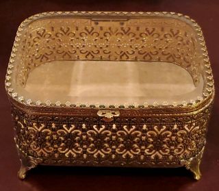 Antique Ormolu Jewelry Box,  Beveled Glass,  Filigree Casket Vintage