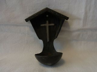 Old Vintage German Iron Holy Water Font Cross Be