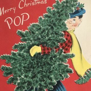 Vintage Mid Century Christmas Greeting Card Grandpa Dad Carrying Tree Norcross
