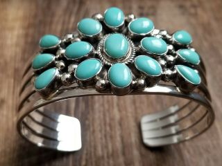 Kathleen Chavez Navajo Sterling Silver Tear Drop Turquoise Cluster Cuff Bracelet
