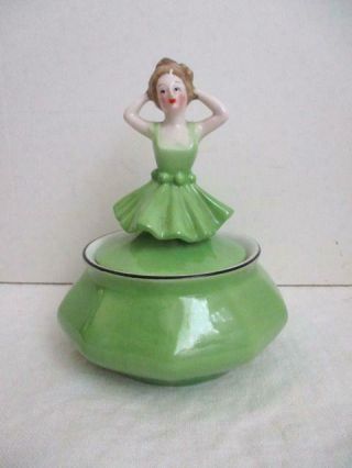 Vtg Art Deco Half Doll Bavaria Powder/dresser/trinket Jar - Green