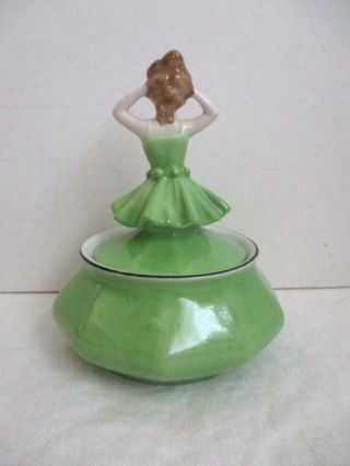 Vtg Art Deco Half Doll Bavaria Powder/Dresser/Trinket Jar - Green 2