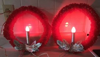 2 Vtg Christmas Red Cellophane Electric Candle Wreath Cardboard Poinsettia 12 "