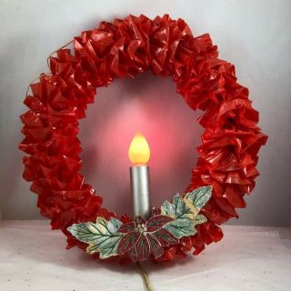 Vintage 1950’s Sterling Red Vinyl Cellophane Christmas Wreath W/ Bulb Cord Box