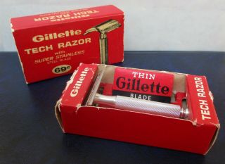 Vintage L4 1966 Gillette Aluminum Handle Tech Safety Razor In Case