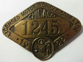 Vtg 1922 City Chicago Licensed Operator Chauffeur Badge 1245 Driver Pin Vehicle