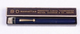 Vintage B - D Manhattan Perfected Clinical Thermometer In Bakelite Case W/pen Clip