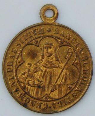 St.  Scholastica Fine Antique Brass Holy Medal St.  Benedict ' s Twin Sister Storms 3