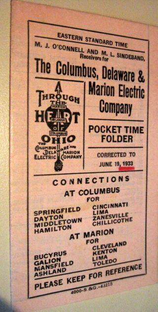 Columbus Delaware & Marion Electric Co Trolley Timetable 1933 Ohio