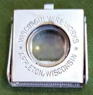 Vintage 1.  5 " Metal Square Folding Magnifier Advertising Promo Wisc Wire Appleton