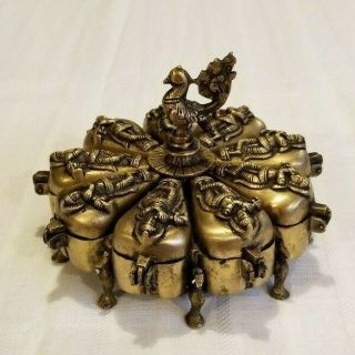 Brass Indian Spice Box / Hindu / Spice Rack / Krishna / Peacock / Decor
