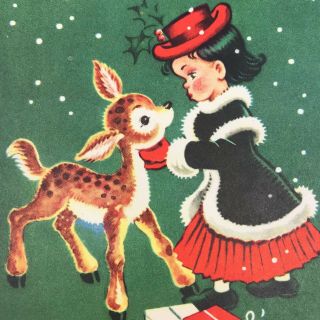 Vintage Mid Century Christmas Greeting Card Cute Pretty Girl With Reindeer