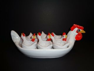 Vintage Italian Pottery Majolica Breakfast Egg Cup Set Rooster Hen And 6 Chicks