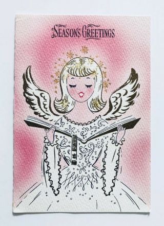 Vintage Pink Christmas Card Angel Girl Lady Dress Book Gold Glitter