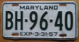 Maryland 1957 License Plate Quality Bh - 96 - 40
