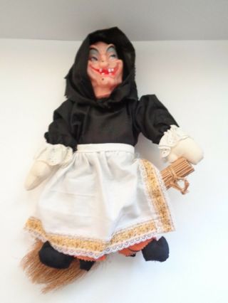 Vintage Witch On A Straw Broom W/black Top And Shoes Orange Pants W/white Apron