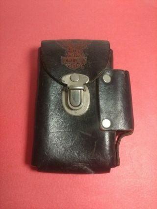 Vintage Harley Davidson Black Leather Cigarette & Lighter Case For Belt Ex
