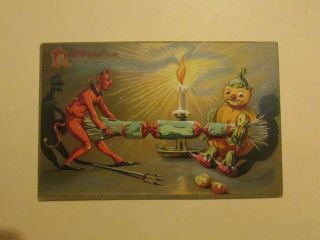 Postcard.  Halloween.  Demon And Pumpkin Head Gourd Man Pulling A Popper