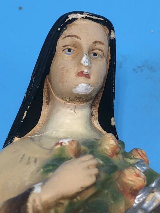 Vintage Antique Chalkware Saint Teresa Religious Statue Holding Cross 3