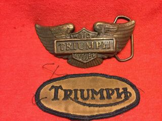 Vintage Triumph Motor Cycle Brass Belt Buckle & Patch Bike Chopper