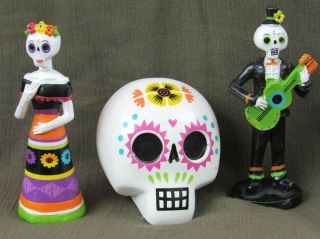 Colorful Sugar Skull,  Standing Figurines Guitar Dia De Los Muertos Day Of Dead