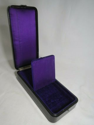 Vintage Victorian Antique Black Lacquer Box With Purple Velvet Compartment Shelf
