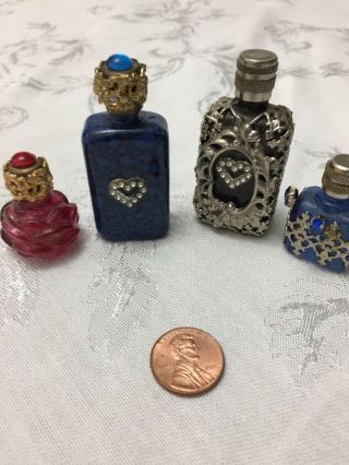 Vintage Mini Perfume Bottle,  Floral Silver Metal Cage Glass,  France Set Of 4