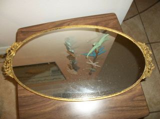 Large Vintage Mirror Vanity Tray Filigree 19.  5 " X 10.  5 " Brass Gold