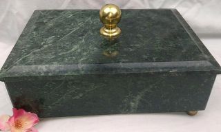 Green Marble Box W/ Lid Brass Knob Feet