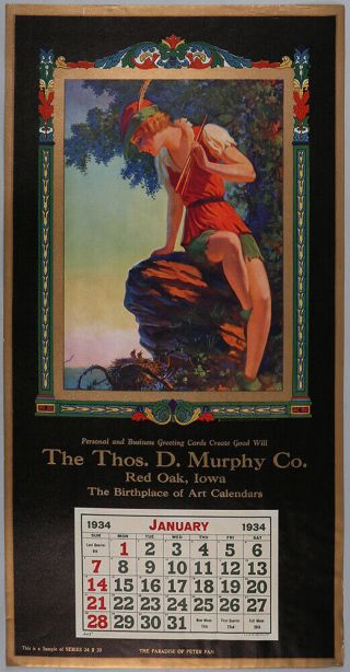 1934 Art Deco Edward Eggleston Fantasy Myth Peter Pan Pin - Up Calendar Sample