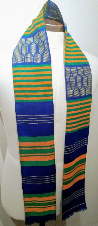 4.  5x60 Inch Authentic African Kente Cloth Stole Scarf Made In Ghana,  Blue White