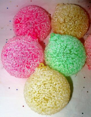 10 Vtg Christmas Hard Plastic Sugar Coated Neon Colors Balls Tree Ornaments
