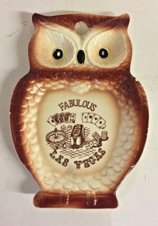 Vintage Fabulous Las Vegas Souvenir Owl Ceramic Spoon Rest Wall Plaque Brown Fun