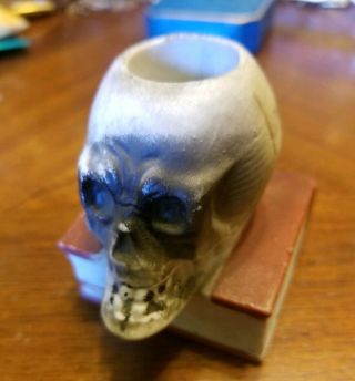 Vintage Japan Porcelain Bisque Skull On Book Match Holder Toothpick Candle Rare