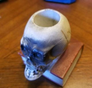Vintage Japan Porcelain Bisque Skull on Book Match Holder Toothpick Candle RARE 2