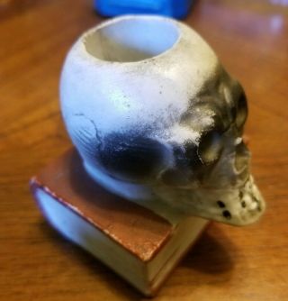 Vintage Japan Porcelain Bisque Skull on Book Match Holder Toothpick Candle RARE 3