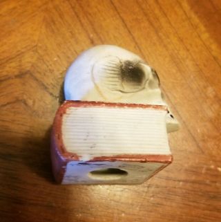 Vintage Japan Porcelain Bisque Skull on Book Match Holder Toothpick Candle RARE 5