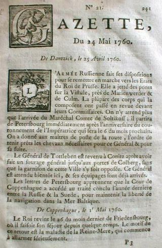 Rare 1760 French & Indian War Newspaper Gazette Printed In Paris France