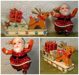 2 Vintage Christmas Sequined Ornaments Dancing Santa And Sleigh With Rudolph