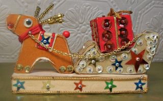 2 Vintage Christmas Sequined Ornaments Dancing Santa and Sleigh with Rudolph 3