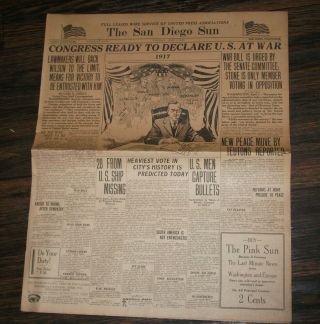 1917 April 3 Congress To Declare War San Diego Sun Newspaper