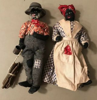 Antique Homemade Folk Art Black Americana Primitive Rag Dolls 9” Each