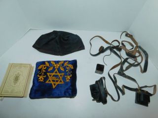 Vintage Jewish Tefillin In Bag,  Cap,  Daily Prayer Book Religion