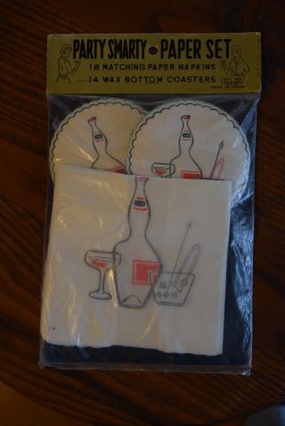 Vintage Mid - Century " Party Smarty " Paper Cocktail Napkins And Coasters Set