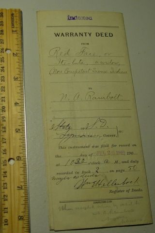 Antique Sd 1909 Sioux Indian Red Face Land Deed Lyman County South Dakota