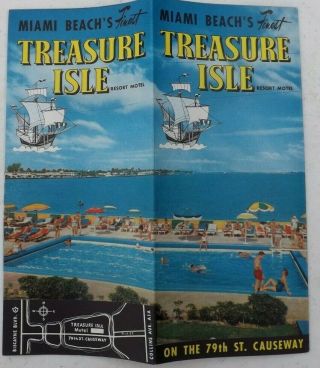 Vintage 1950 - 60s Miami Beach Fl Treasure Isle Motel Brochure 79th St.  Causeway