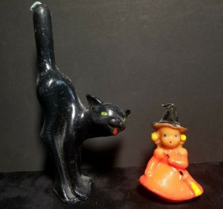 Vintage Gurley Halloween Black Cat 6 1/2 " & Witch 3 " Candles